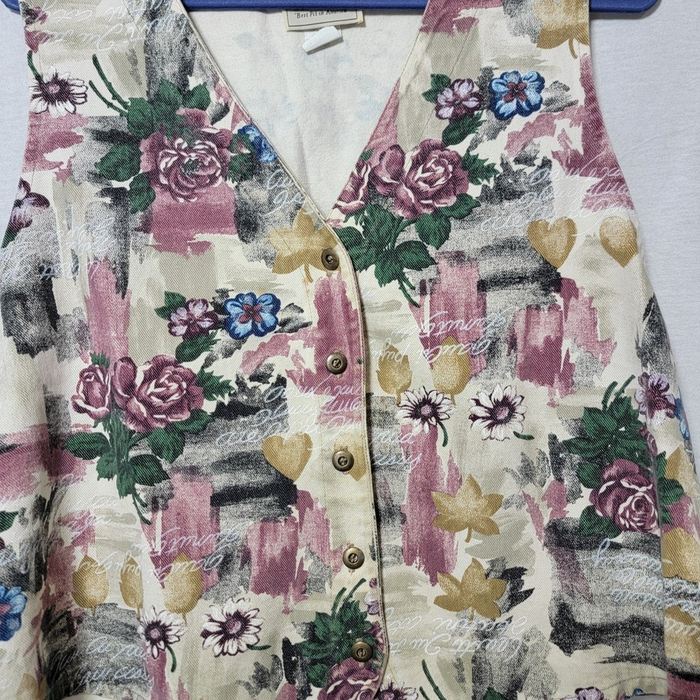 Vtg 90s STAMPEDE Women's Floral Denim Vest Button Front USA- Large Cottagecore - Picture 3 of 6